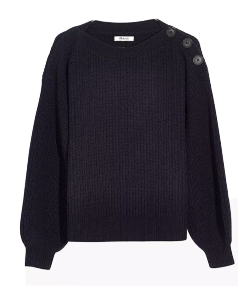 Madewell Boatneck Button Accent Wool Blue Sweater Balloon Sleeve Coastal SZ S